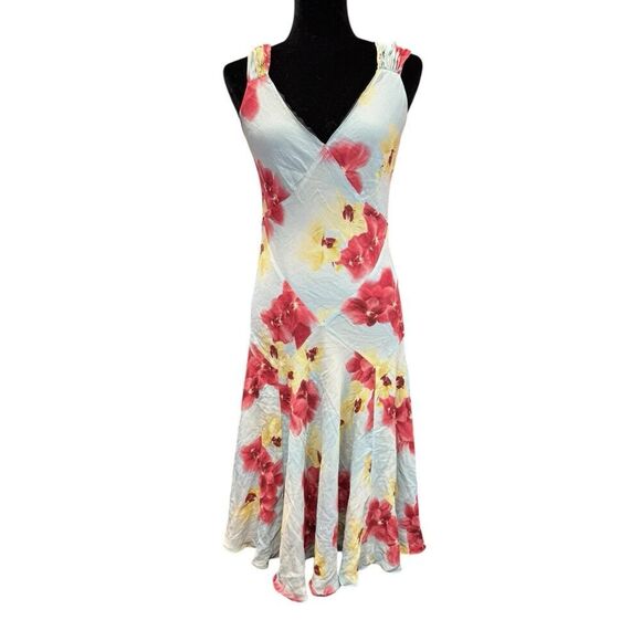Jones New York 100% Silk Floral Midi Dress Blue Red Yellow Size 12 - Picture 1 of 14